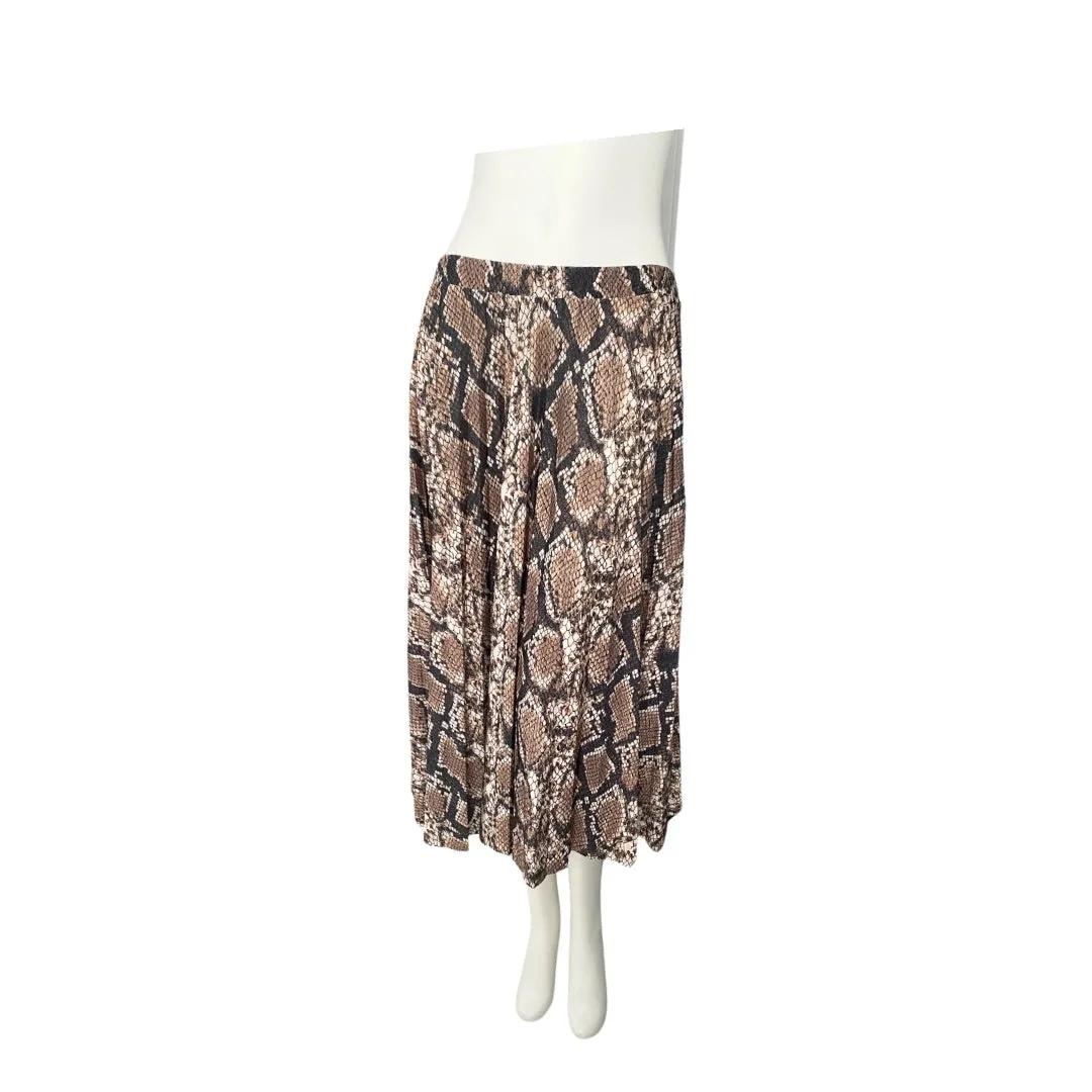 Snakeskin Pleated Midi Skirt Brown SIZE 14