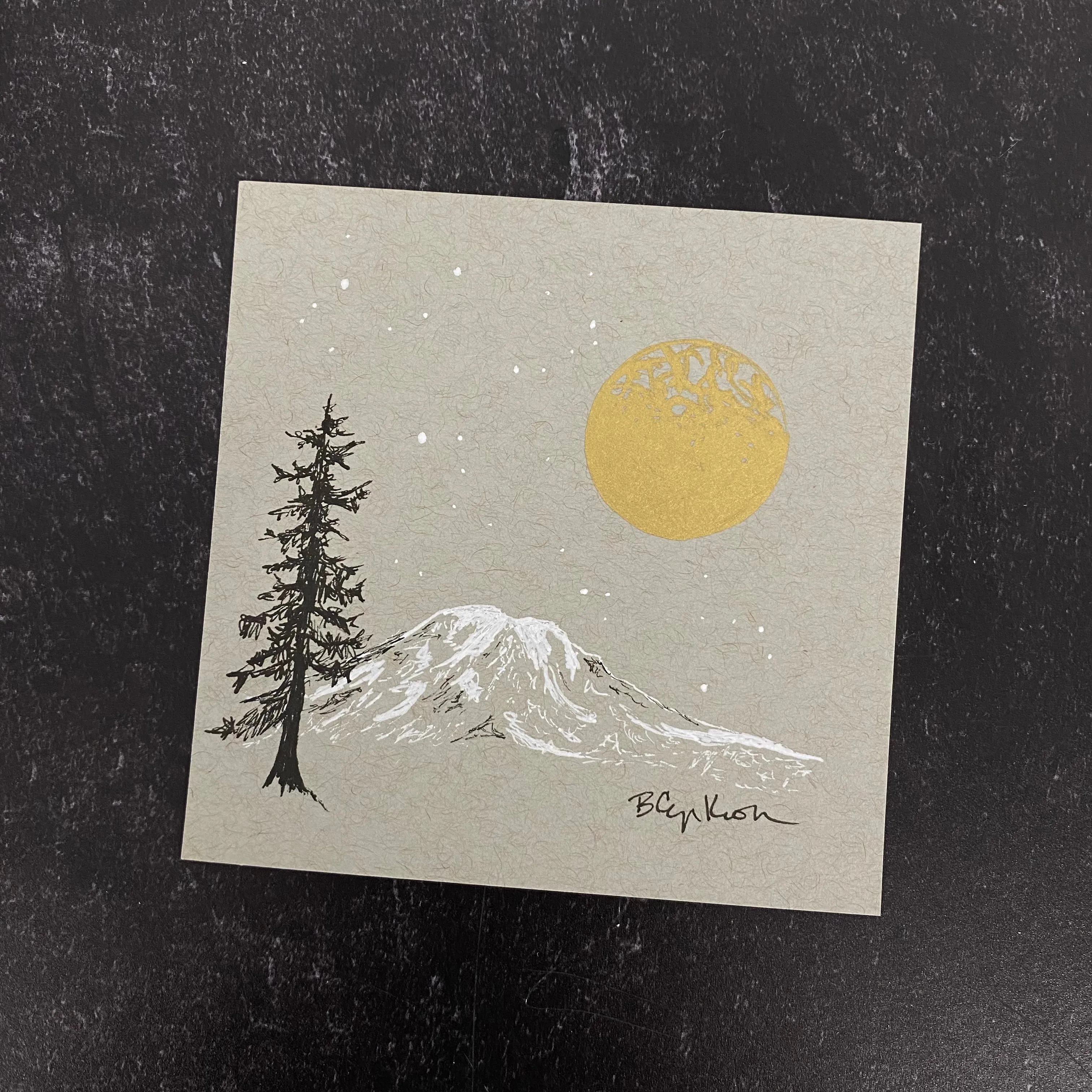 Snow capped mountain - Grey and Gold Collection #72 - Original drawing - 4"x4"