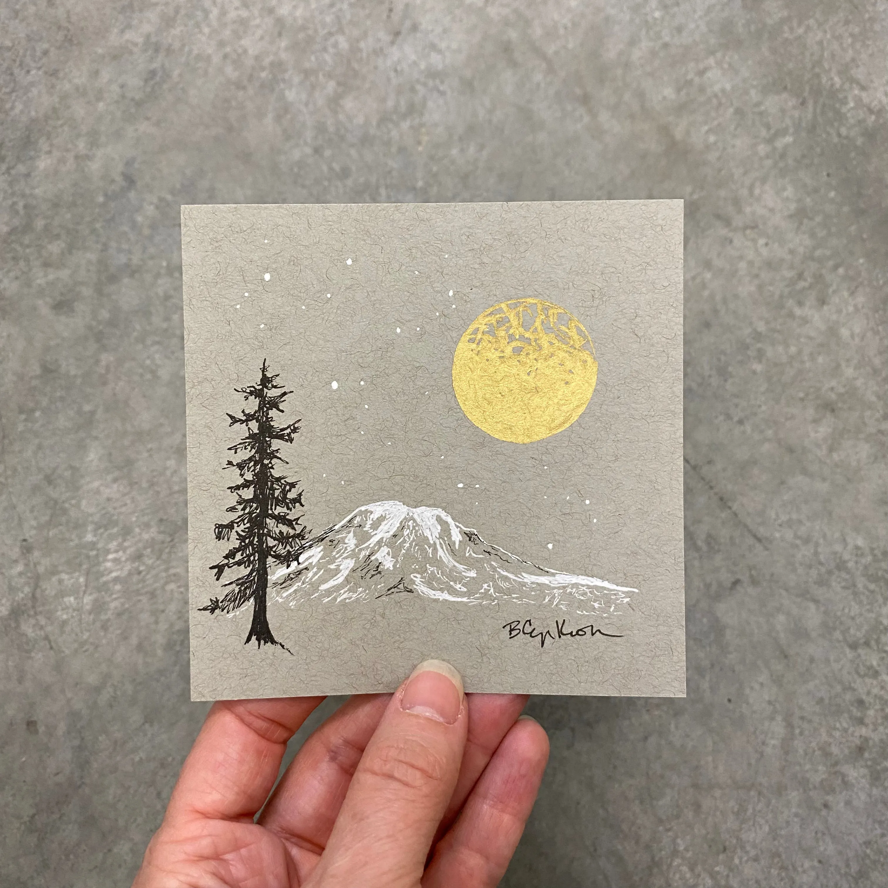 Snow capped mountain - Grey and Gold Collection #72 - Original drawing - 4"x4"