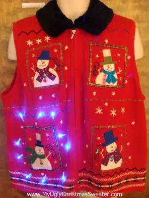 Snowman Light Up Ugly Xmas Sweater Vest with Furry Collar