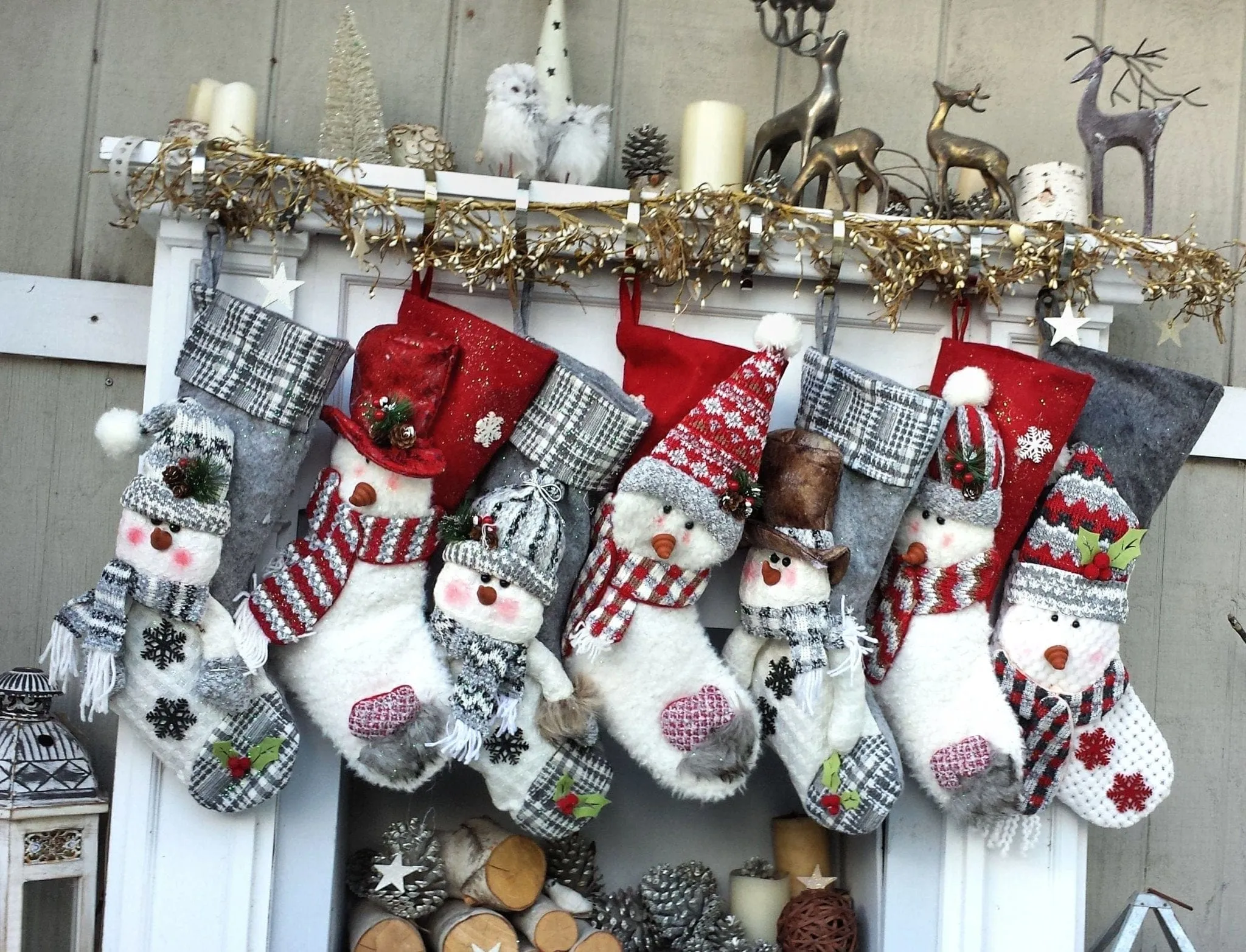 Snowman Personalized Xmas Stockings Grey Plaid or Dark Reds Winter Knits Christmas Stockings for Kids Snowmen Holiday Stockings