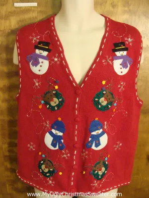 Snowmen Playing with Rudolph Funny Ugly Sweater Vest for a Christmas Party