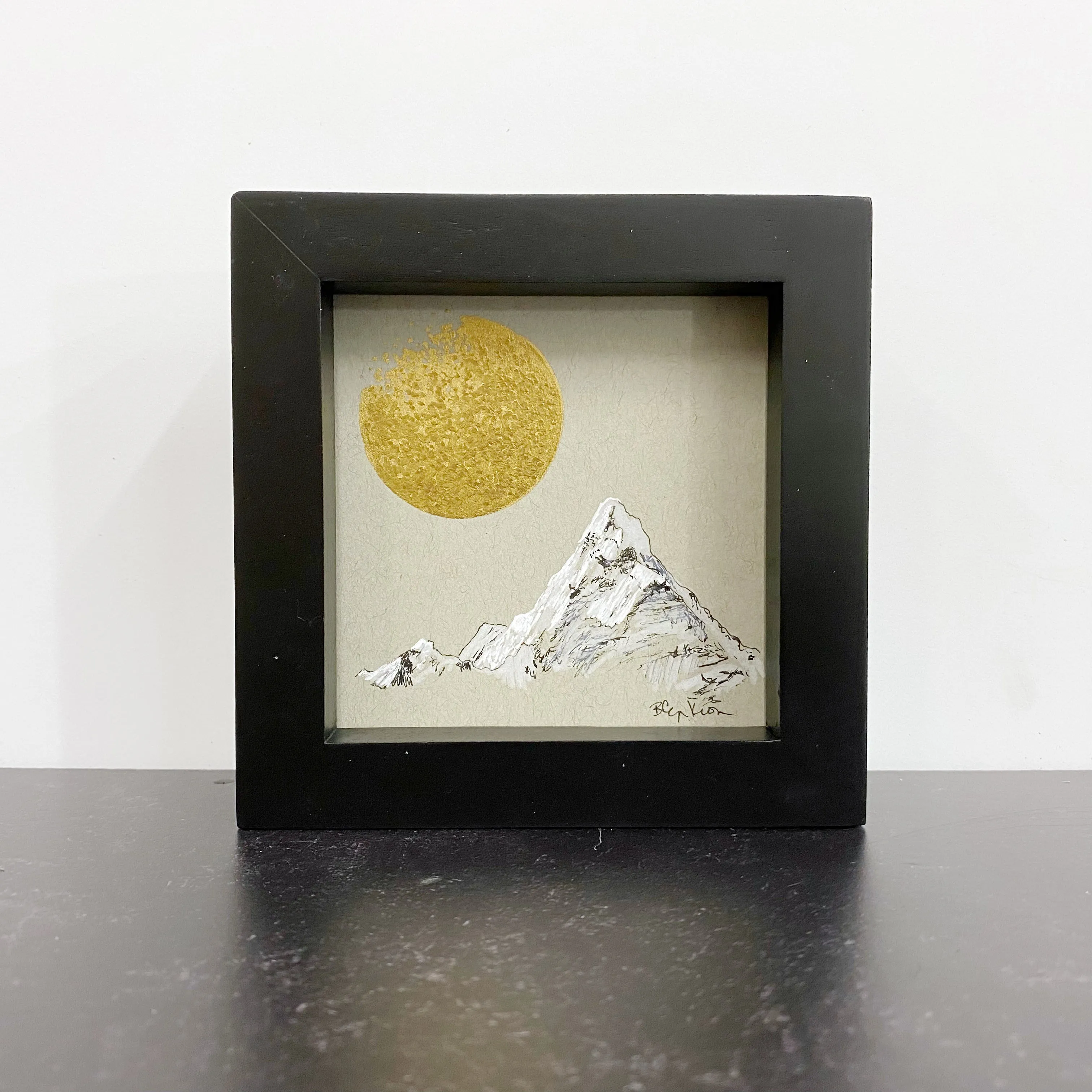 Snowy mountain peak with fading moon- Grey and Gold Collection #57 - Original drawing - 4"x4"