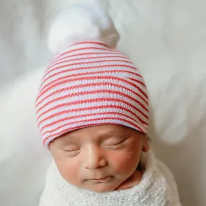 Snowy Santa Red & White Striped Hospital Beanie Hat with White (or Red) Fuzzy Pom Pom Newborn Hat Infant Hat