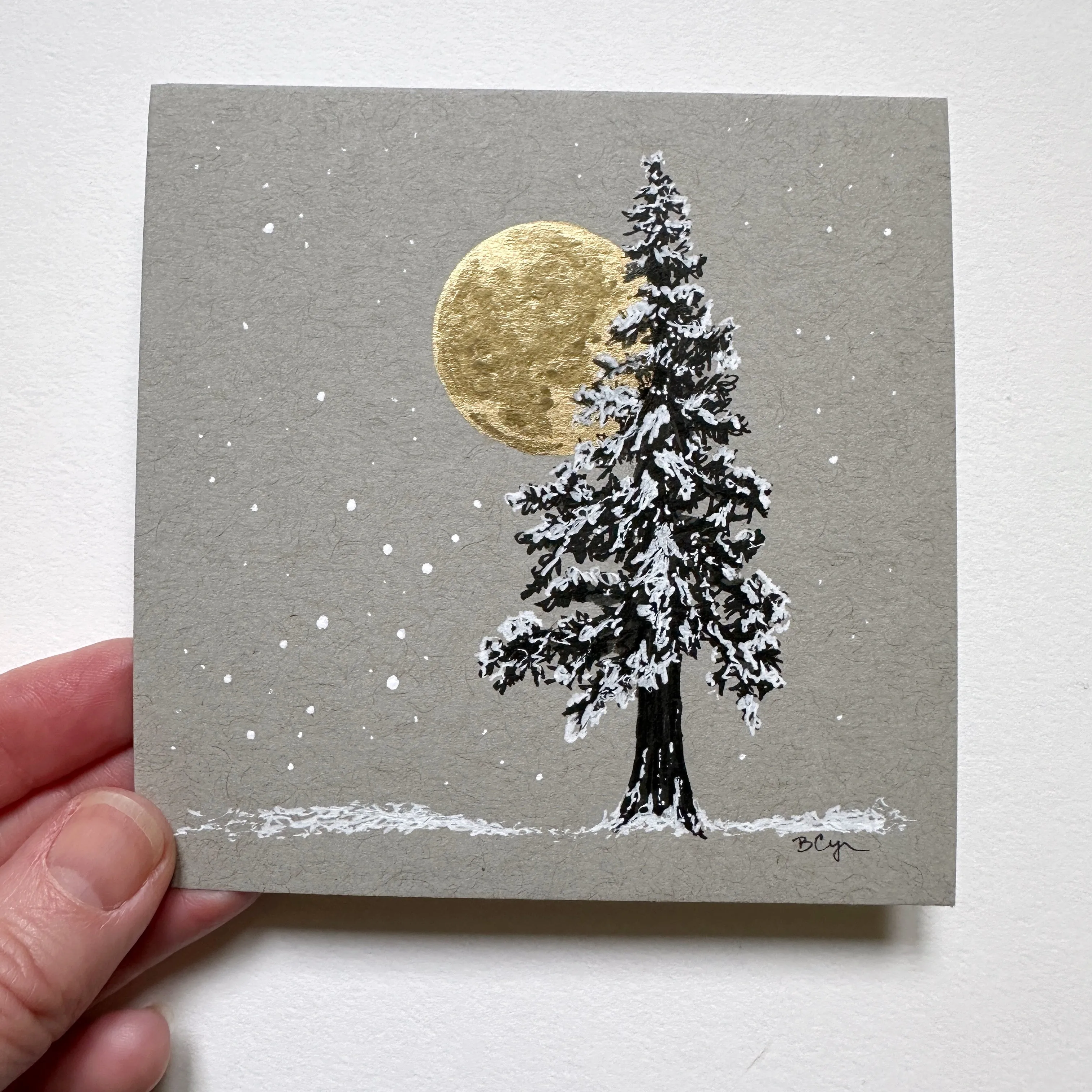 Snowy Tree 5 - Gold Moon and Single Tree on Gray Tone Paper - 4"x4"