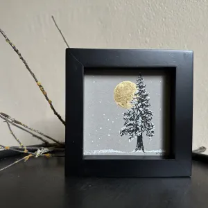 Snowy Tree 5 - Gold Moon and Single Tree on Gray Tone Paper - 4"x4"