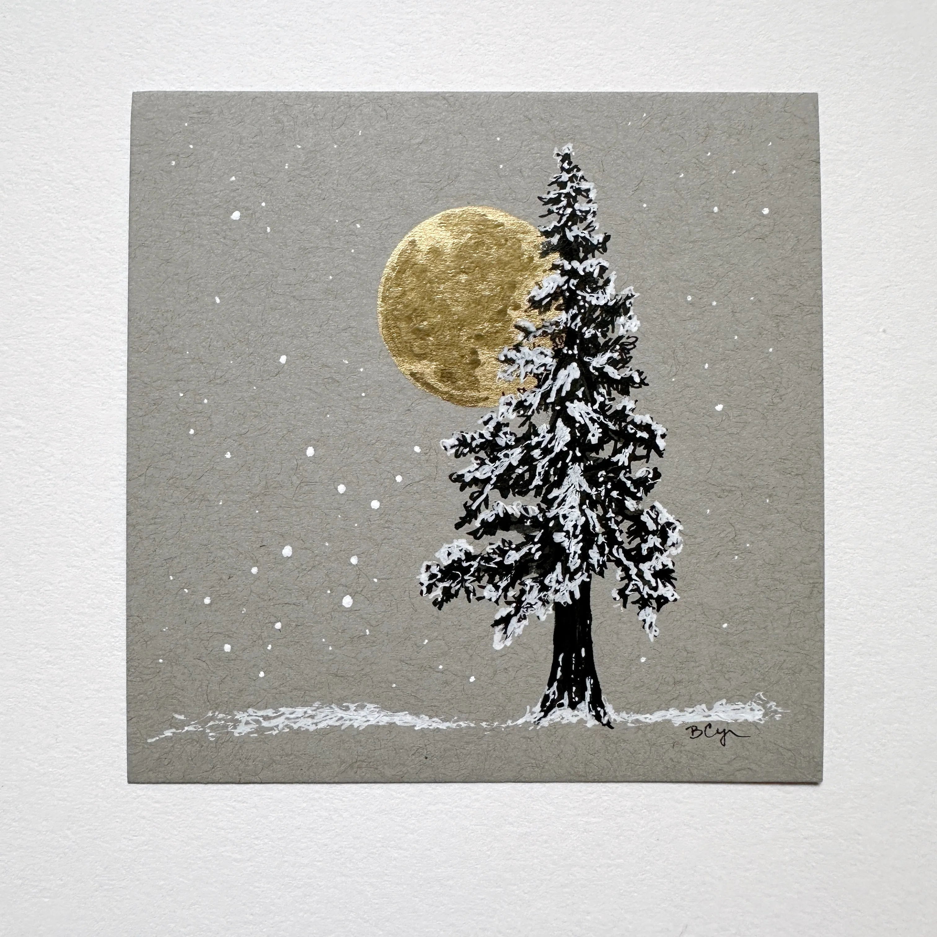 Snowy Tree 5 - Gold Moon and Single Tree on Gray Tone Paper - 4"x4"