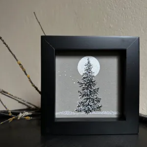 Snowy Tree 6 - Silver Moon and the Little Dipper with a Single Tree on Gray Toned Paper - 4"x4"