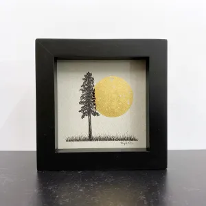 Snuggling moon and tree - Grey and Gold Collection #58 - Original drawing - 4"x4"