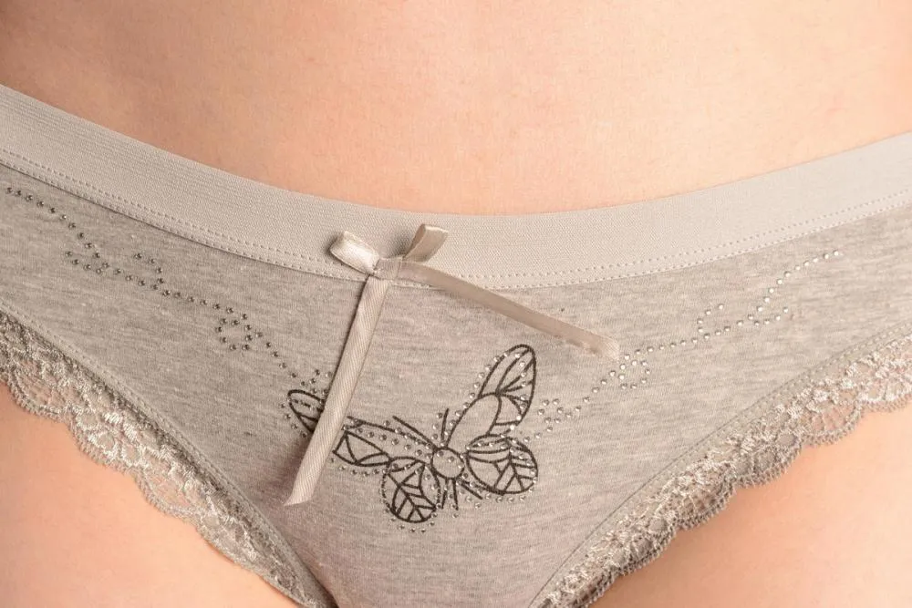 Soft Cotton With Lace Trim, Butterfly & Crystals Grey High Leg Brazilian