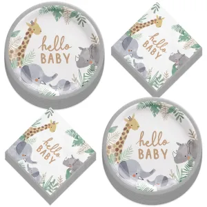 Soft Jungle Animal Baby Shower Paper Dinner Plates and Lunch Napkins (16 Plates & Napkins)