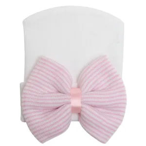 Soft Newborn Infant Baby Hospital Hat With a Pink and White Striped Bow