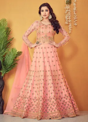 Soft Peach Floral Embroidered Designer Anarkali Lehenga Suit