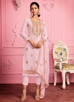 Soft Pink Floral Embroidered Pakistani Pant Suit