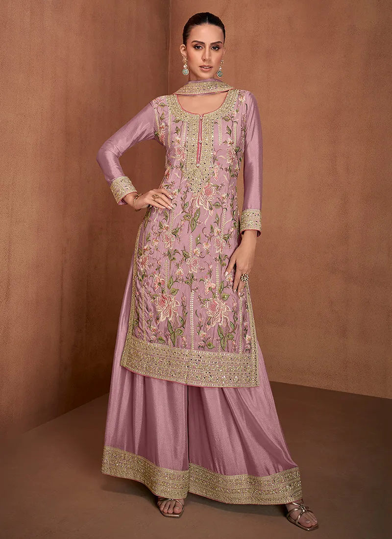 Soft Pink Floral Embroidery Festive Palazzo Suit