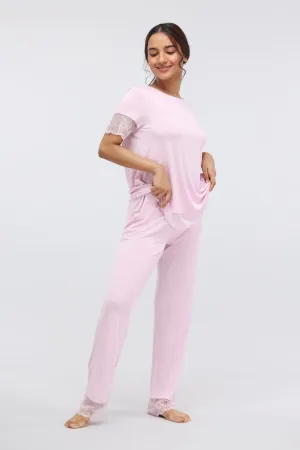 Soft Pink Lace Modal Pajama Set