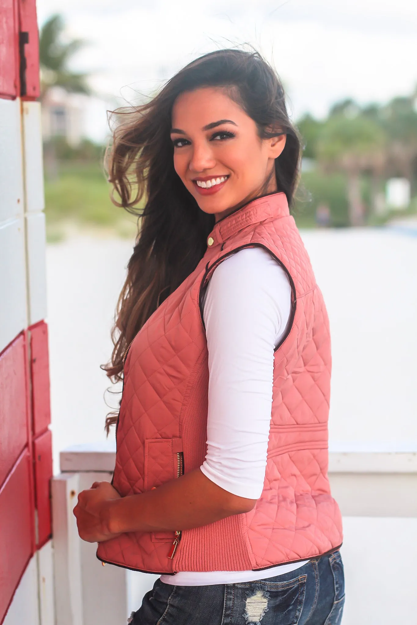 Soft Pink Quilted Vest with Pockets