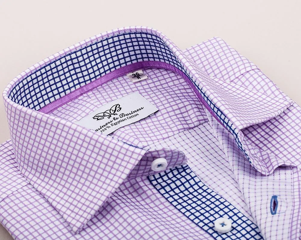 Soft Purple Plaids & Checks Formal Business Dress Shirt Navy Blue Twill Fashion