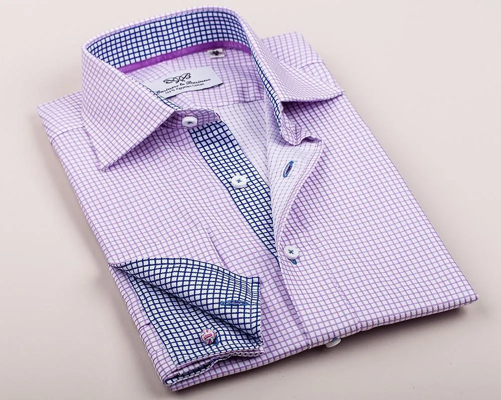 Soft Purple Plaids & Checks Formal Business Dress Shirt Navy Blue Twill Fashion