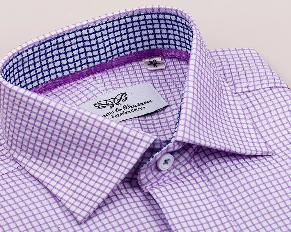 Soft Purple Plaids & Checks Formal Business Dress Shirt Navy Blue Twill Fashion