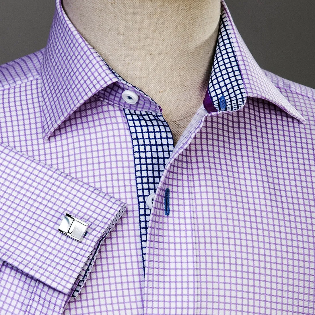 Soft Purple Plaids & Checks Formal Business Dress Shirt Navy Blue Twill Fashion