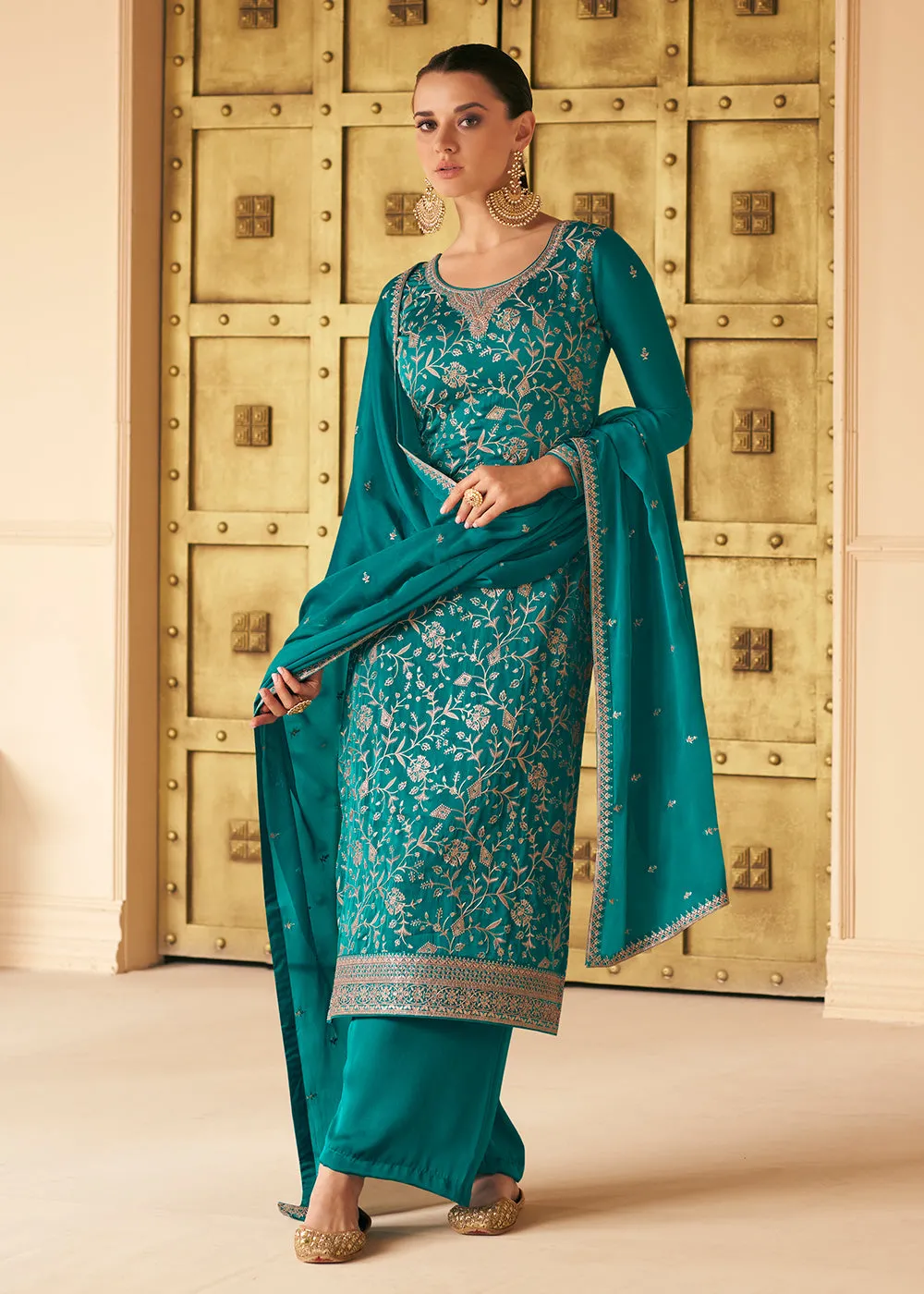 Soft Silk Teal Green Embroidered Wedding Festive Salwar Suit