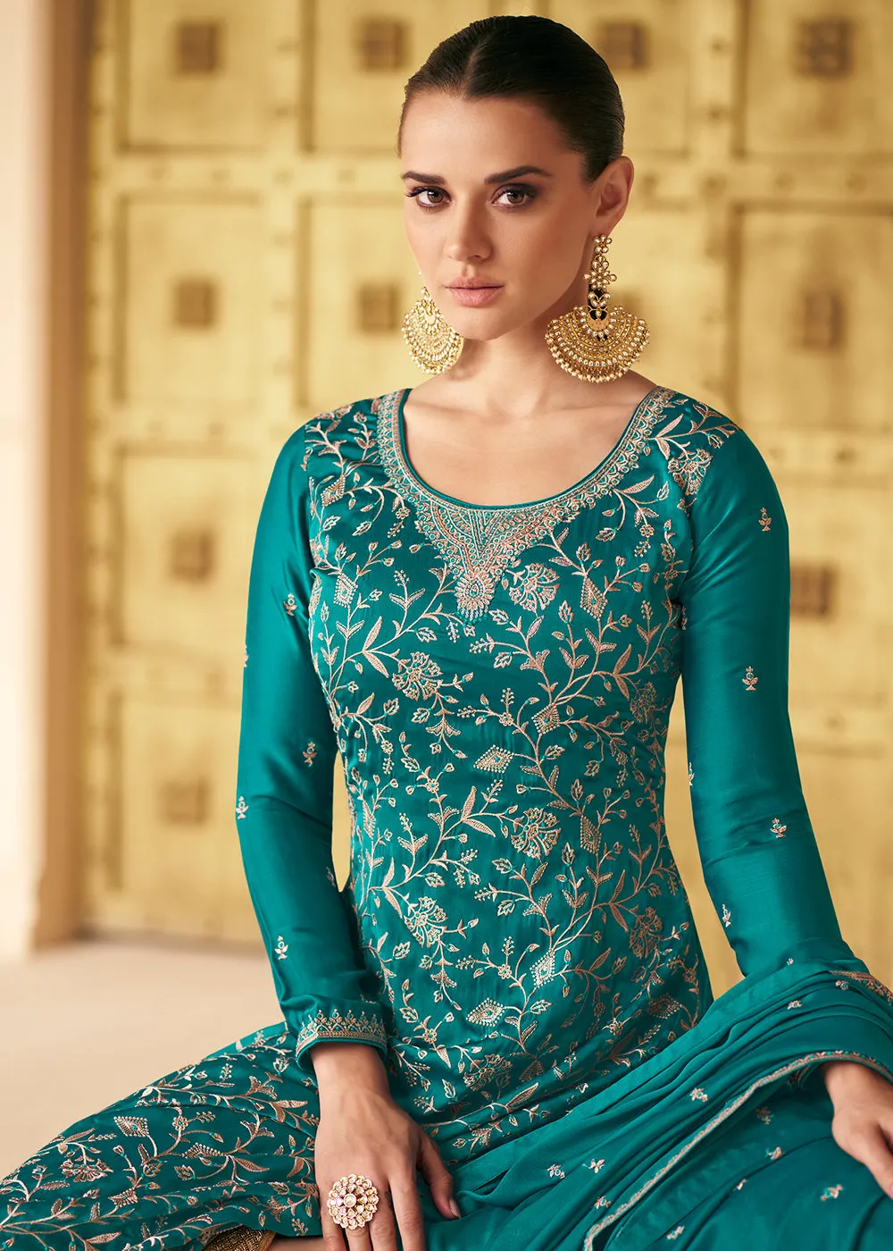 Soft Silk Teal Green Embroidered Wedding Festive Salwar Suit