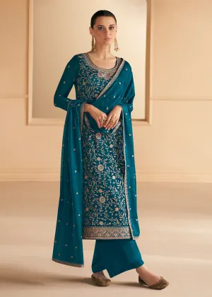 Soft Silk Turquoise Embroidered Wedding Festive Salwar Suit