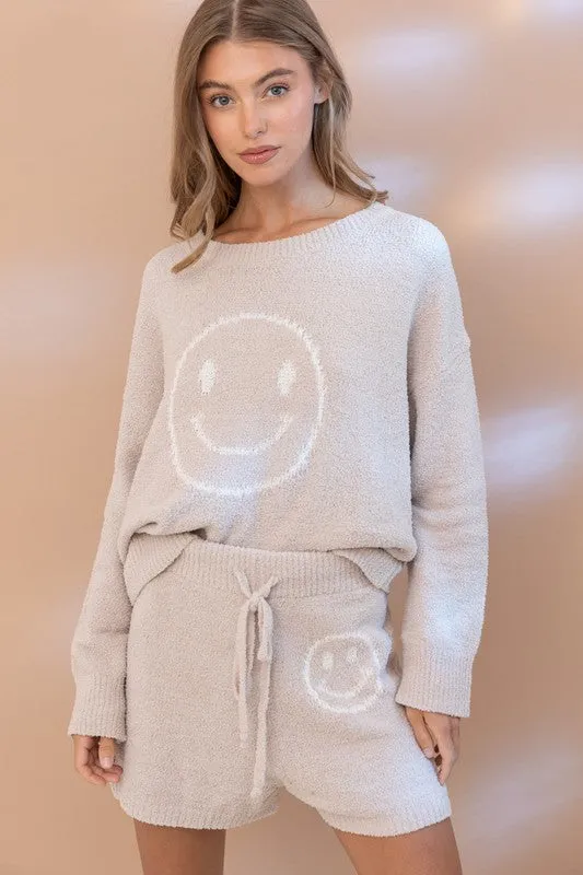 Soft Smiley Print Top Shorts Loungewear Set