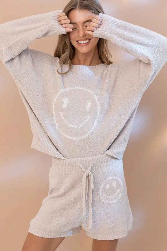 Soft Smiley Print Top Shorts Loungewear Set