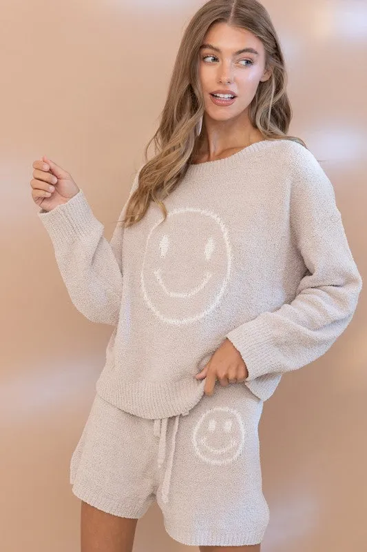 Soft Smiley Print Top Shorts Loungewear Set