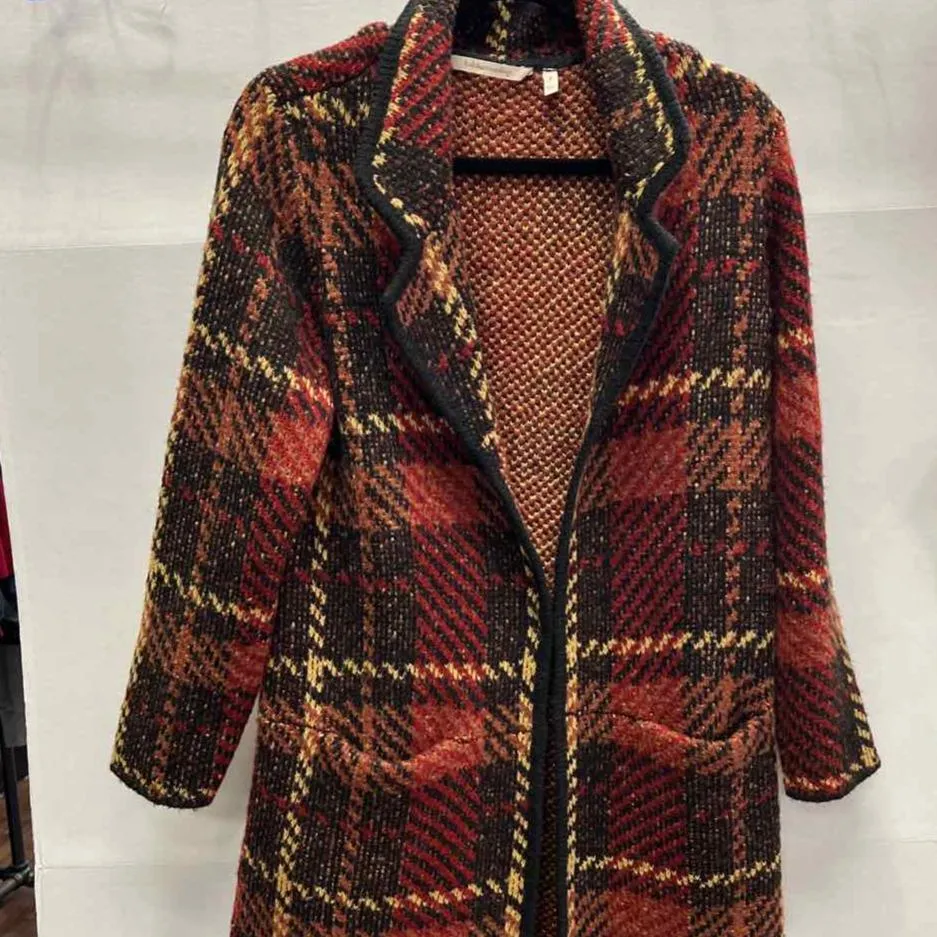 SOFT SURROUNDINGS LONG Plaid Women's Sweaters Women Size S Orange & Black Shrug