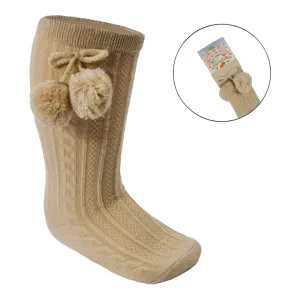 Soft Touch - baby long socks beige pompom