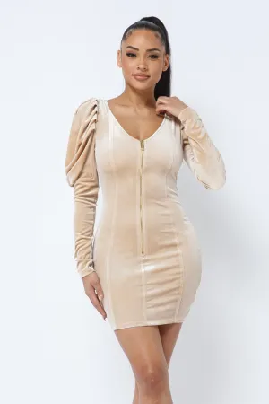 Soft Velvet Pleated Puff Sleeve Low V Neck Dress