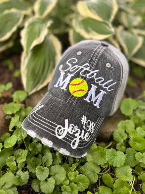 Softball hats Softball MOM Embroidered personalized sports mom trucker caps Womens Gray Players name and number Gameday Momma FREE ship USA Handmade by Stacy