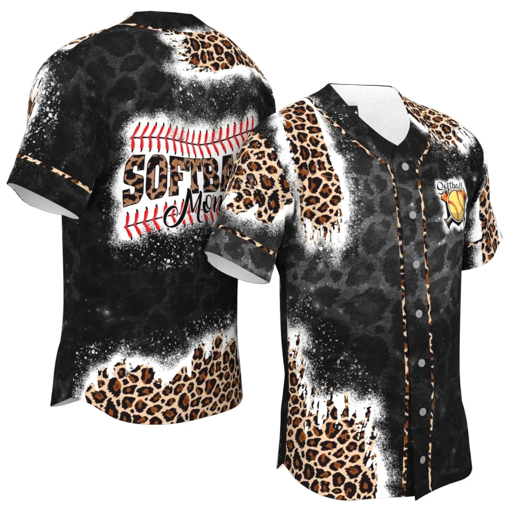 Softball Mom Black Leopard Pattern Baseball Jersey, Gift for Mom Fan