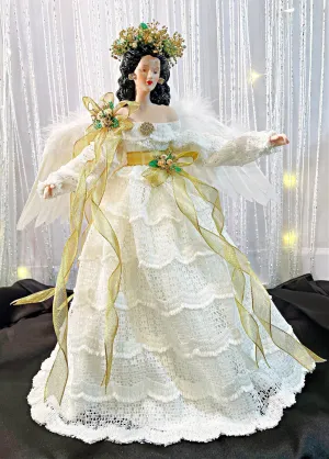 SOLD - Victorian Christmas Angel Treetopper Dark Haired Latina Inspired Holiday Tree Topper Ivory Lace Tree Top Angel Love Token Gift For Her