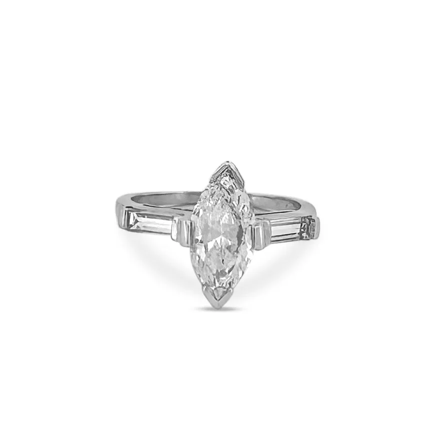 Sold! Vintage 1.50cts Marquise with Baguettes Natural Diamond Engagement Ring and Wedding Band Set in Platinum