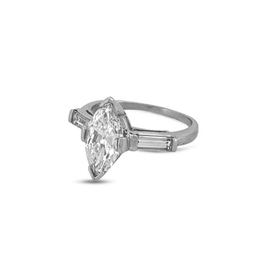 Sold! Vintage 1.50cts Marquise with Baguettes Natural Diamond Engagement Ring and Wedding Band Set in Platinum