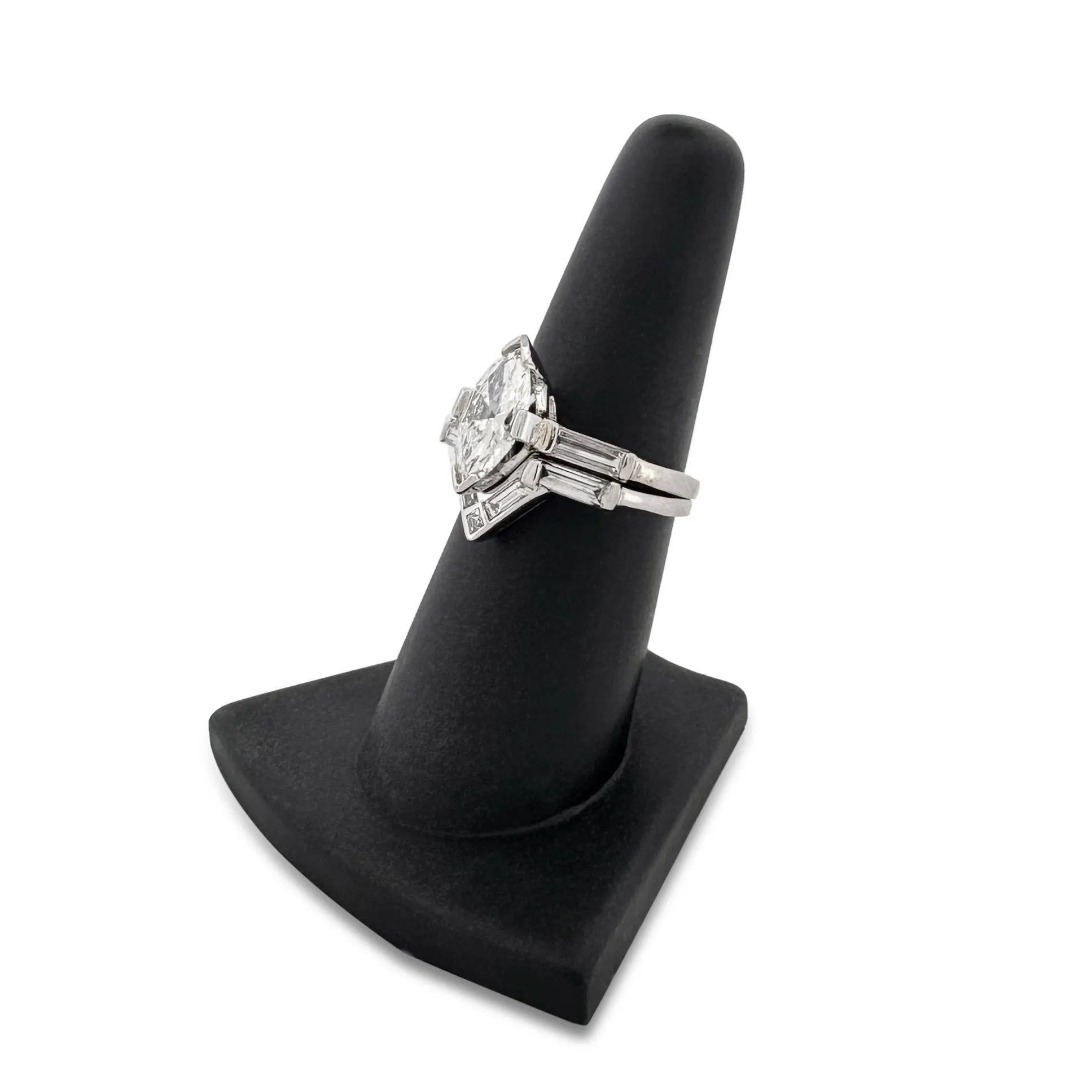 Sold! Vintage 1.50cts Marquise with Baguettes Natural Diamond Engagement Ring and Wedding Band Set in Platinum