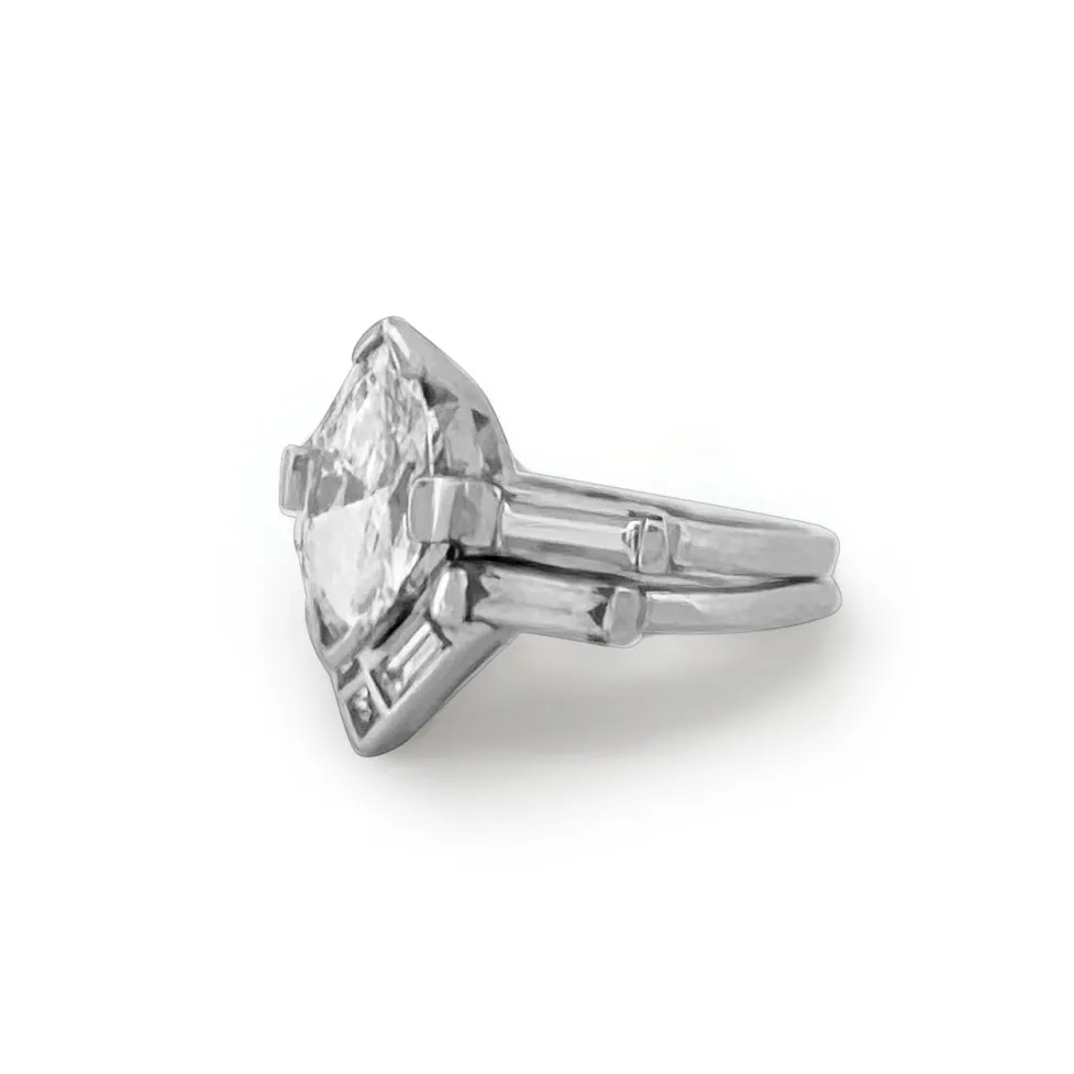 Sold! Vintage 1.50cts Marquise with Baguettes Natural Diamond Engagement Ring and Wedding Band Set in Platinum