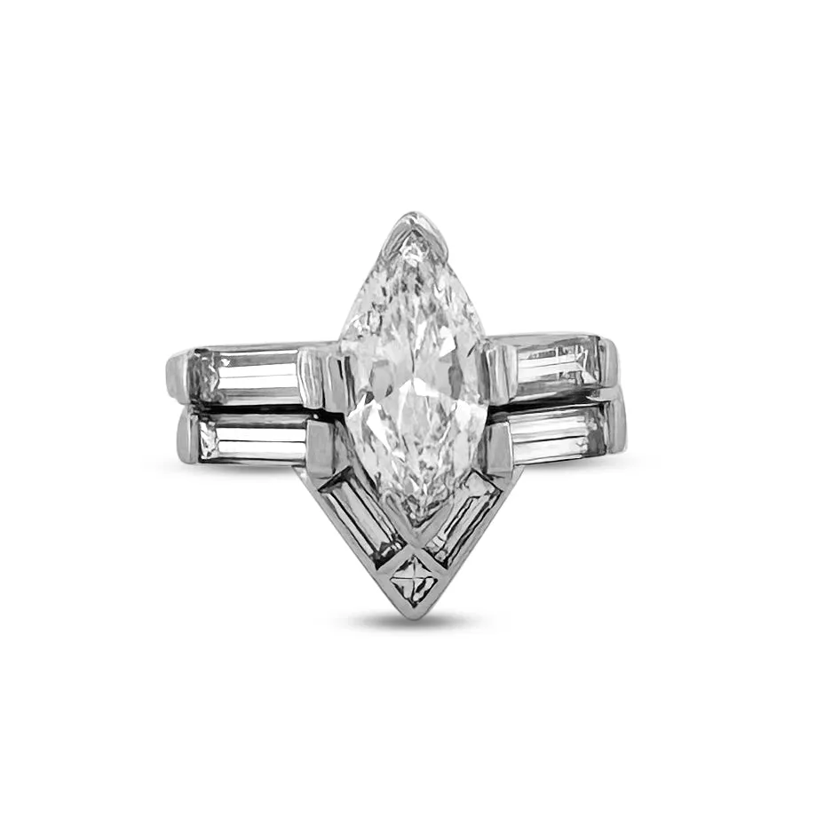 Sold! Vintage 1.50cts Marquise with Baguettes Natural Diamond Engagement Ring and Wedding Band Set in Platinum