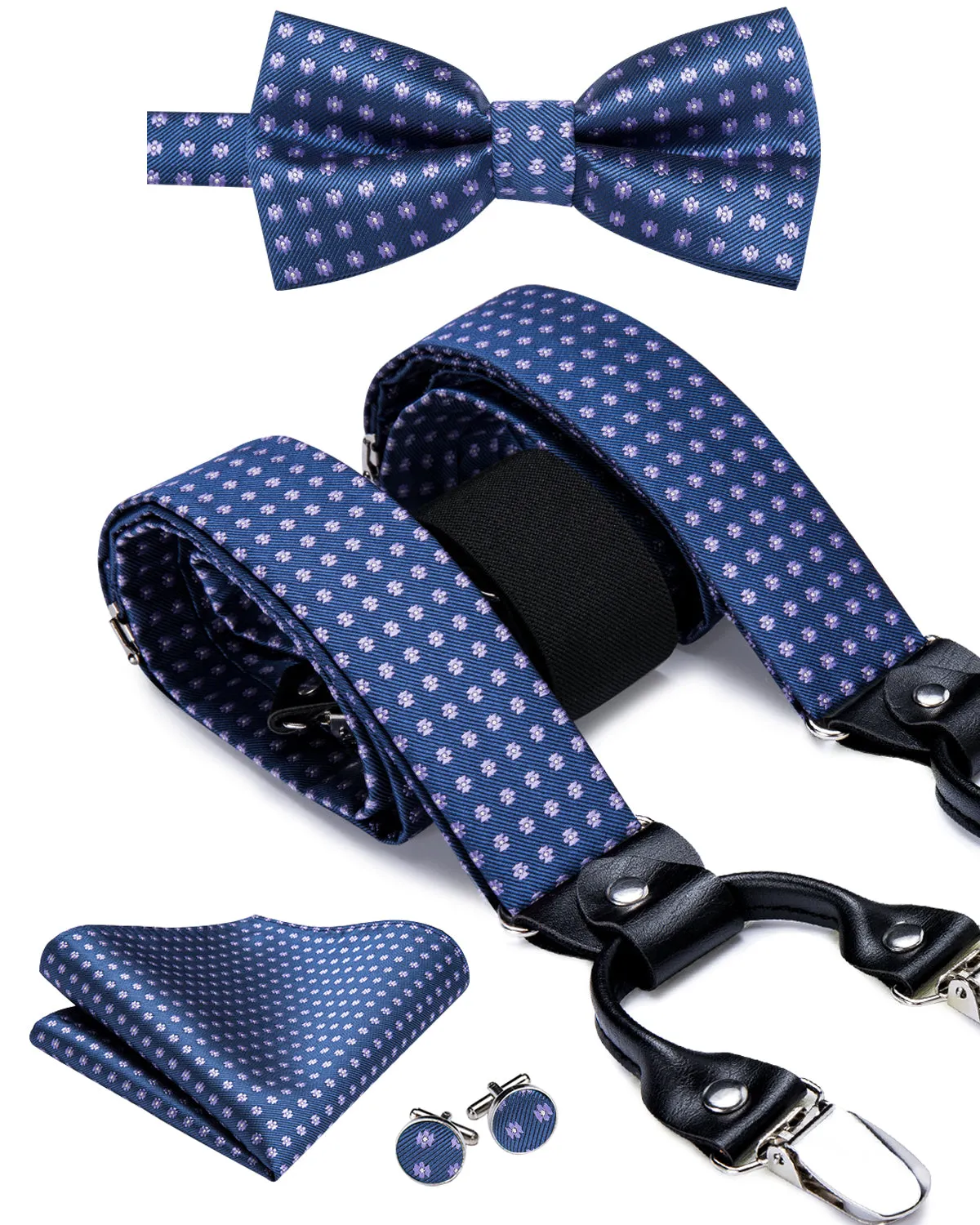 Solid Blue Dots Suspender Bow Tie Handkerchief Cufflinks Set