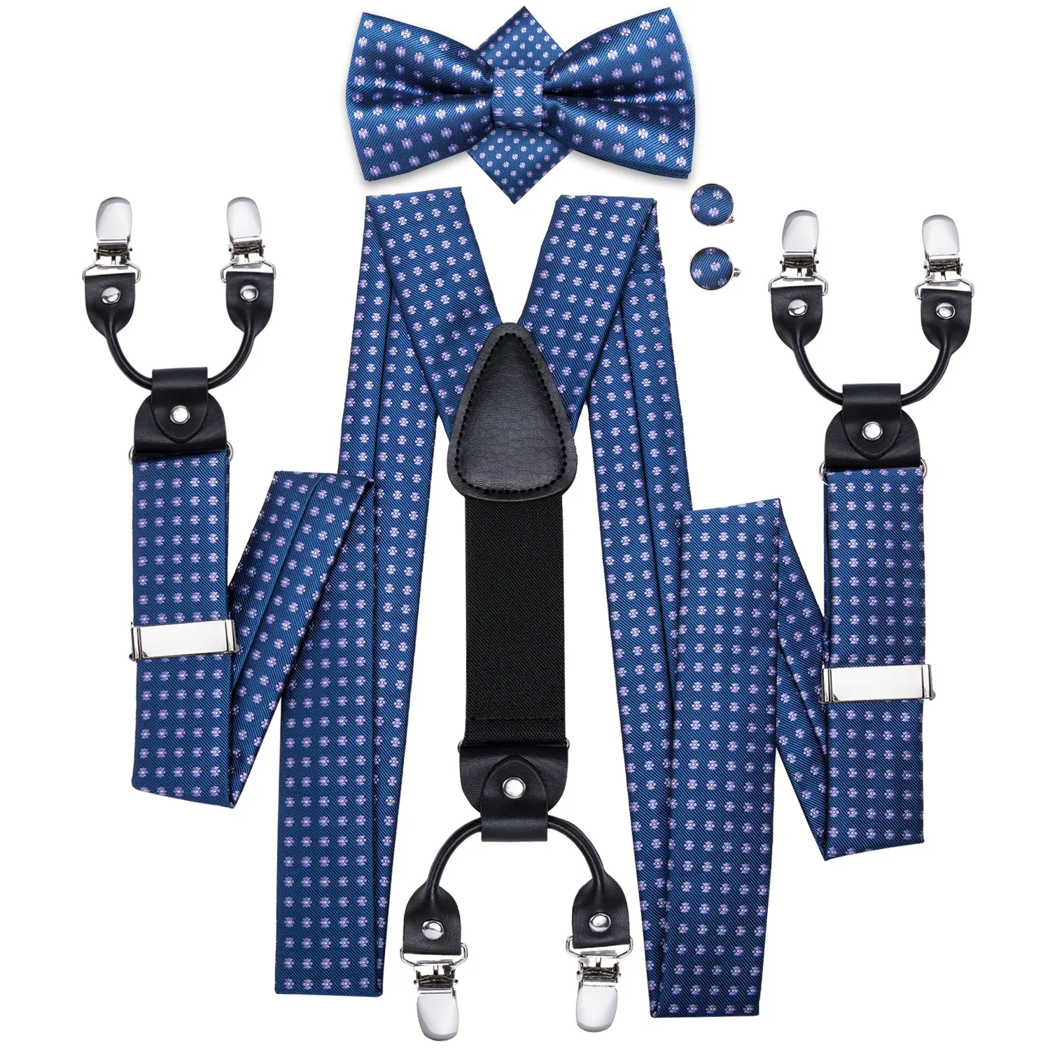 Solid Blue Dots Suspender Bow Tie Handkerchief Cufflinks Set