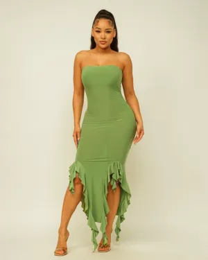 Solid Bottom Ruffle Trim Hem Slit Tube Maxi Dress