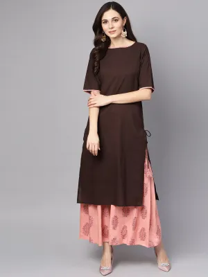 Solid Brown Half Sleeve Kurta Set With Printed Sharara