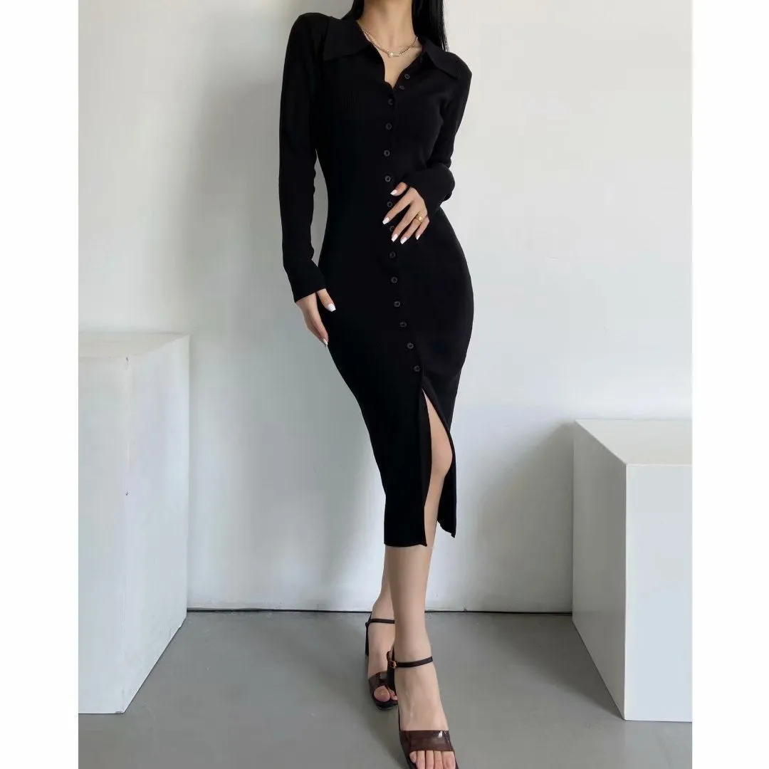 Solid Buckle Backless Turndown Collar Pencil Skirt Dresses (Without Belt)