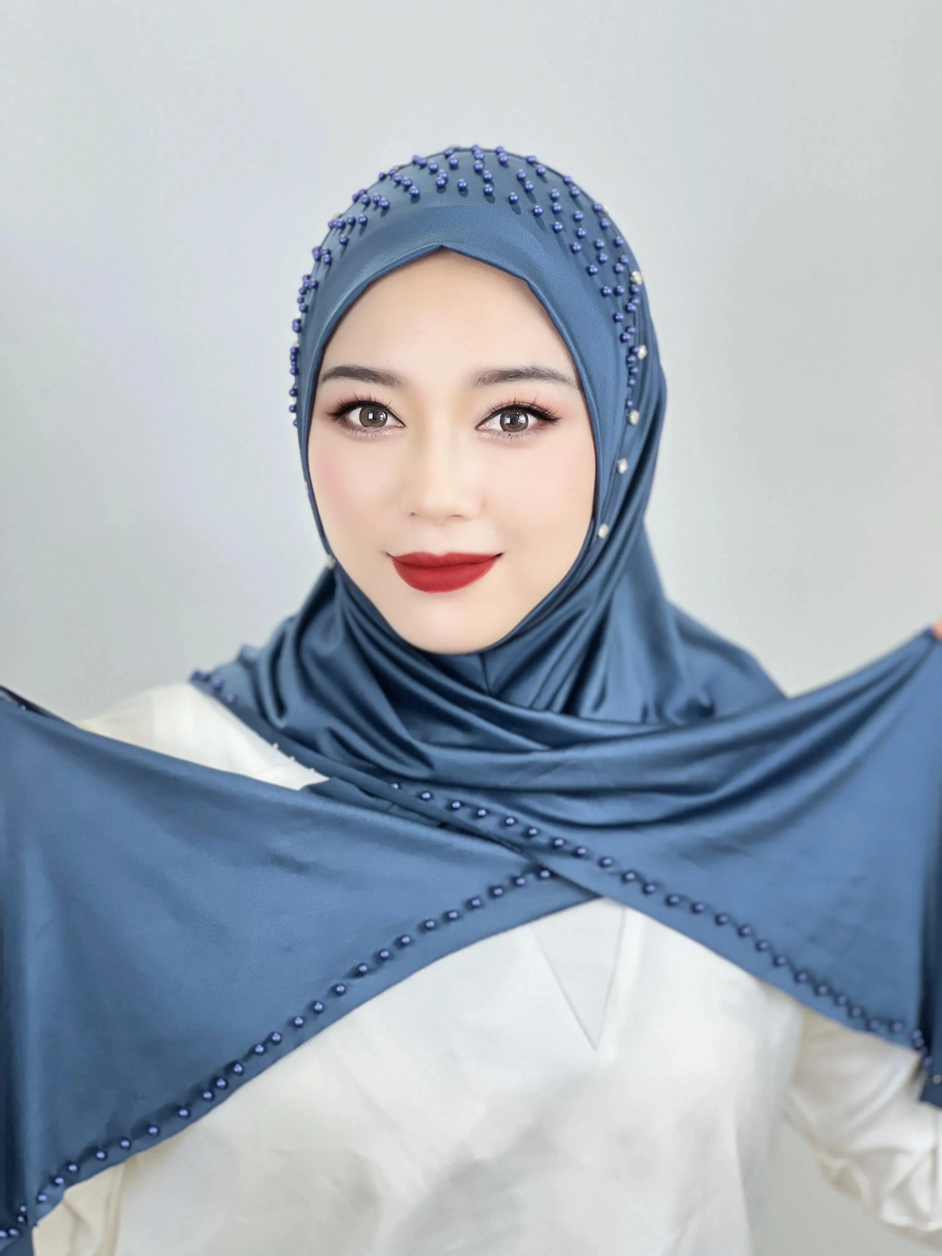 Solid Color Beaded Muslim Hijab | Long, Soft and Easy to Wear Turkish Head Wrap Scarf