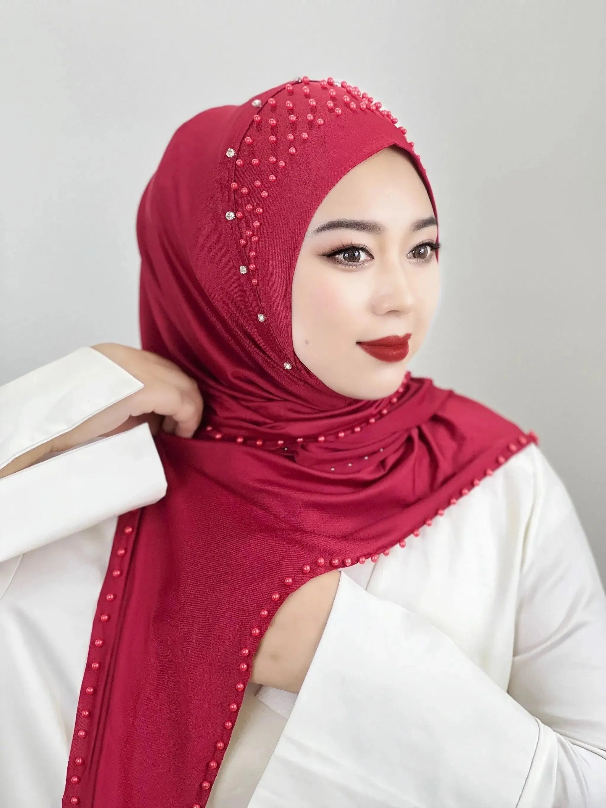 Solid Color Beaded Muslim Hijab | Long, Soft and Easy to Wear Turkish Head Wrap Scarf