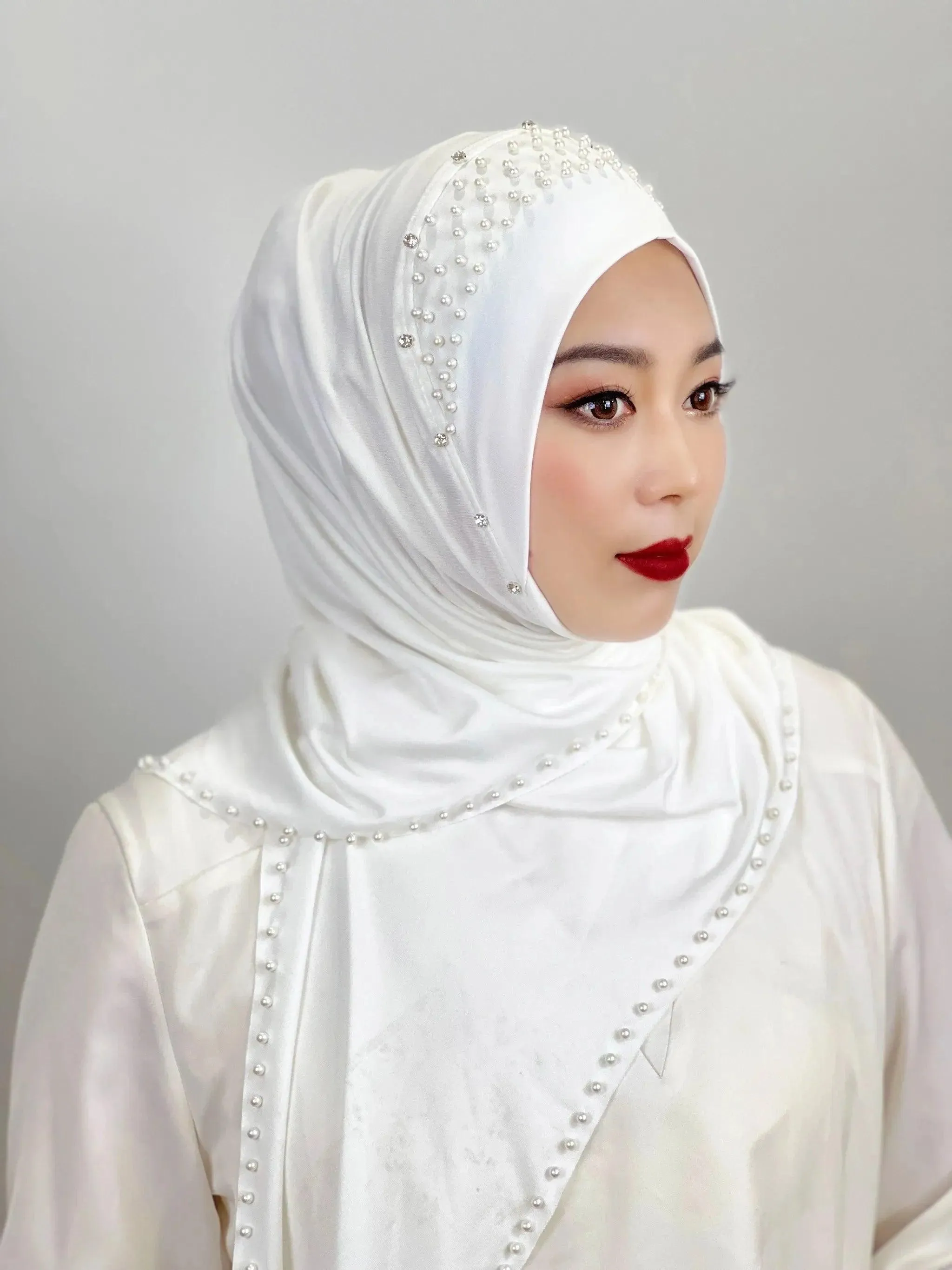 Solid Color Beaded Muslim Hijab | Long, Soft and Easy to Wear Turkish Head Wrap Scarf